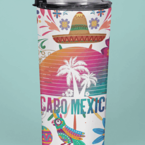 Colorful travel mug featuring vibrant Mexican motifs, including a sombrero, palm trees, and the words "Cabo Mexico," set against a light blue background.