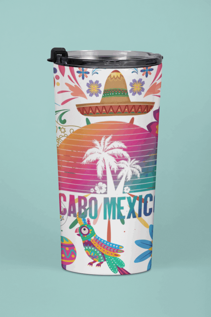 Colorful travel mug featuring vibrant Mexican motifs, including a sombrero, palm trees, and the words "Cabo Mexico," set against a light blue background.